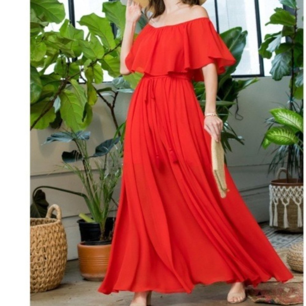 Sweet Lovely Ruffled Off The Shoulder Poppy Maxi Dress